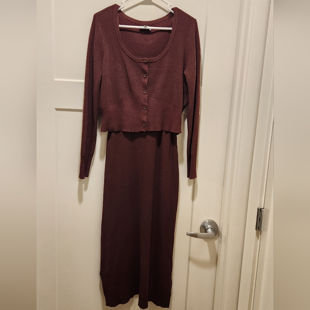Midi Dress and Long Sleeve Cardigan Sweater Set Maroon Size Large